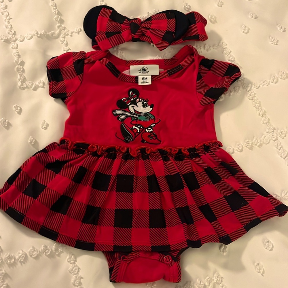 Disney one-piece dress and headband - Minnie Mouse Christmas / Holiday 6m euc